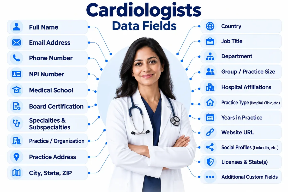 A cardiologist at the centre of a diagram, with contact, professional, practice and location fields arranged around them.