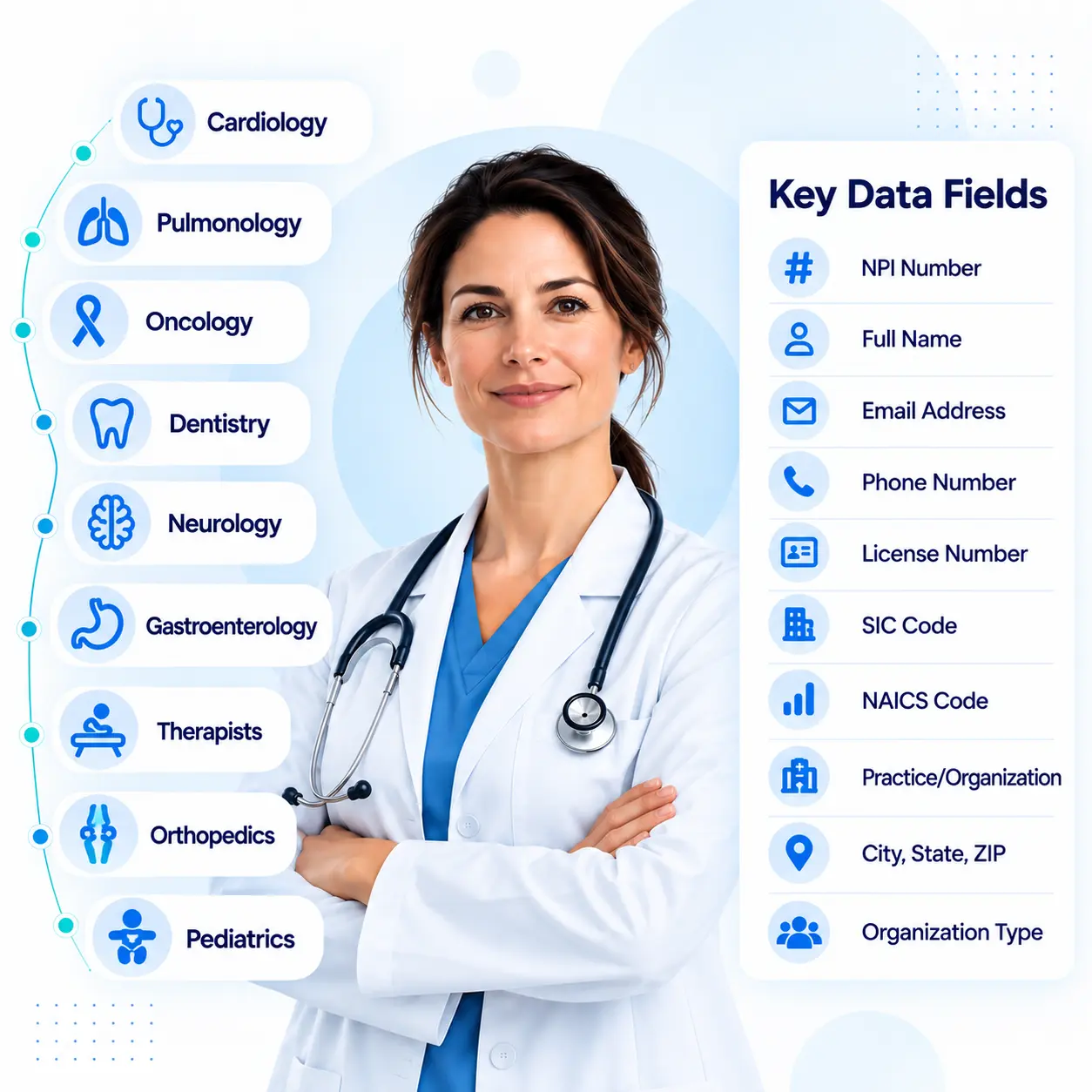 Healthcare specialties including cardiology, pulmonology, oncology, dentistry, neurology, gastroenterology, orthopedics and pediatrics, shown beside a panel of contact record fields such as name, email address, phone number, practice or organization, and city, state and ZIP.
